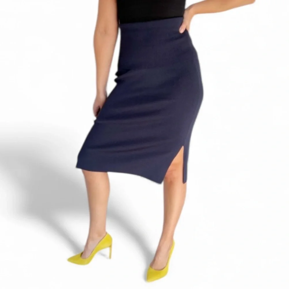 MM Lafleur Navy Pencil Skirt with Side Slit - Picture 1 of 11